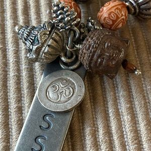 New Blue Agate Glass & Metal Bead Necklace w Buddha Ohm Kiss Shell & Cone Charm